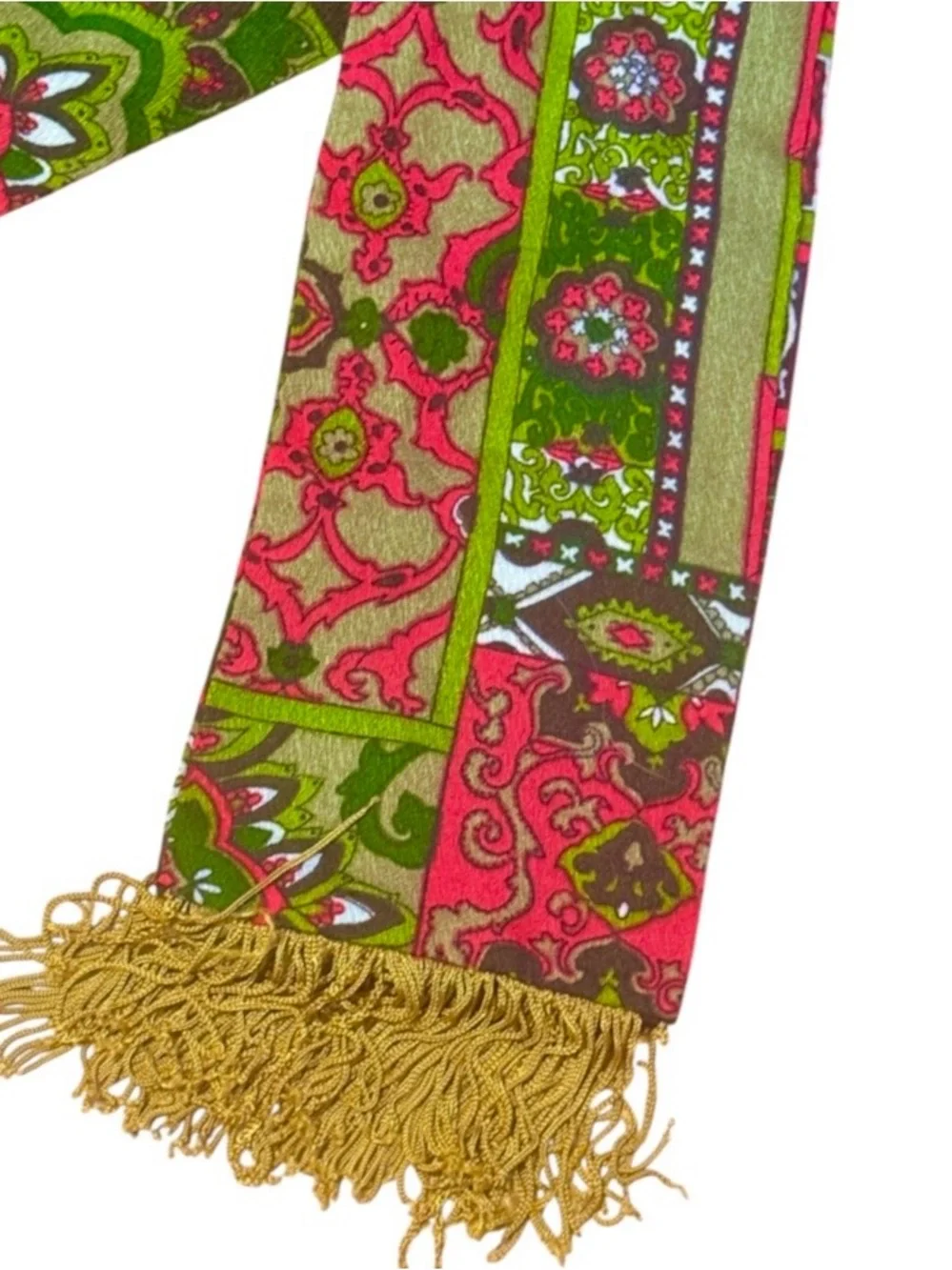 Vintage Boho Neck Scarf or Fabric Belt w Fringe, Bold Colored, Excellent Cond